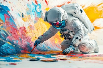 Astronaut creating colorful artwork in a vibrant cosmic setting with bright splashes of paint