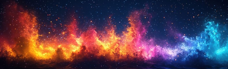 Vibrant Abstract Cosmic Landscape with Colorful Flames and Starry Background in a Dreamlike, Ethereal Environment for Fantasy Design Projects