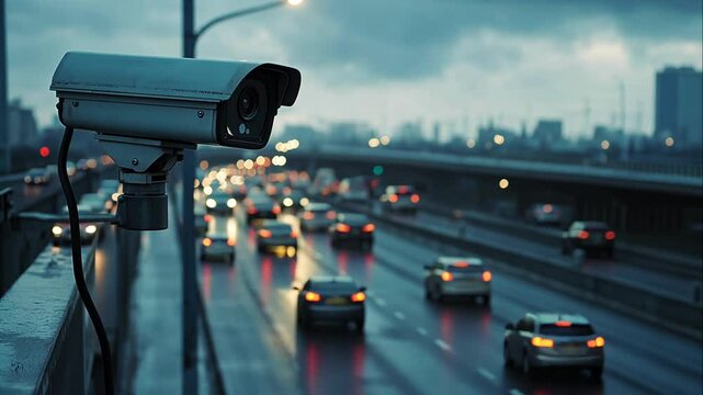 Surveillance camera monitoring highway traffic with blurred city lights in the background.