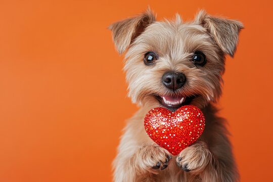 Cute lakeland terrier dog with sparkling rhinestones red heart - sign of love, funny greeting card. Lakeland terrier - my cherished dog. Marketing visual idea pattern. Adorable dog valentine's.