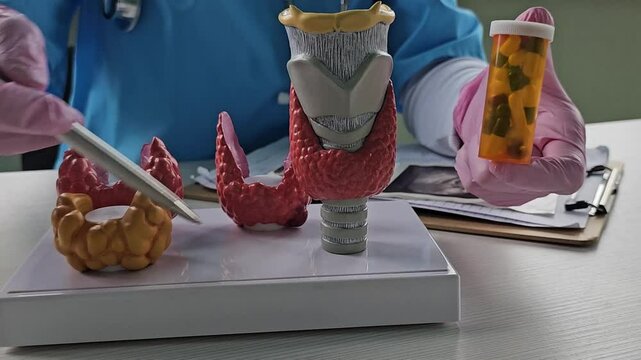 Doctor holds tablets with sick thyroid gland. Thyroid gland treatment concept, hormonal therapy, iodine therapy, endocrinology