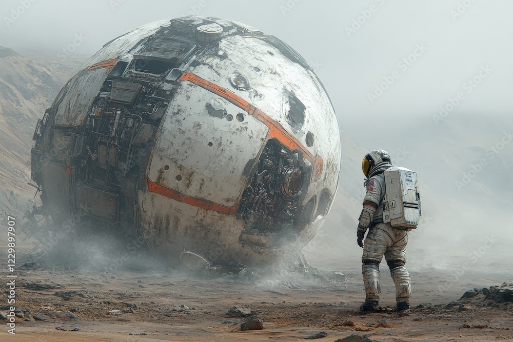 Poster Astronaut explores a mysterious crashed spacecraft on an alien planet during a foggy atmosphere
