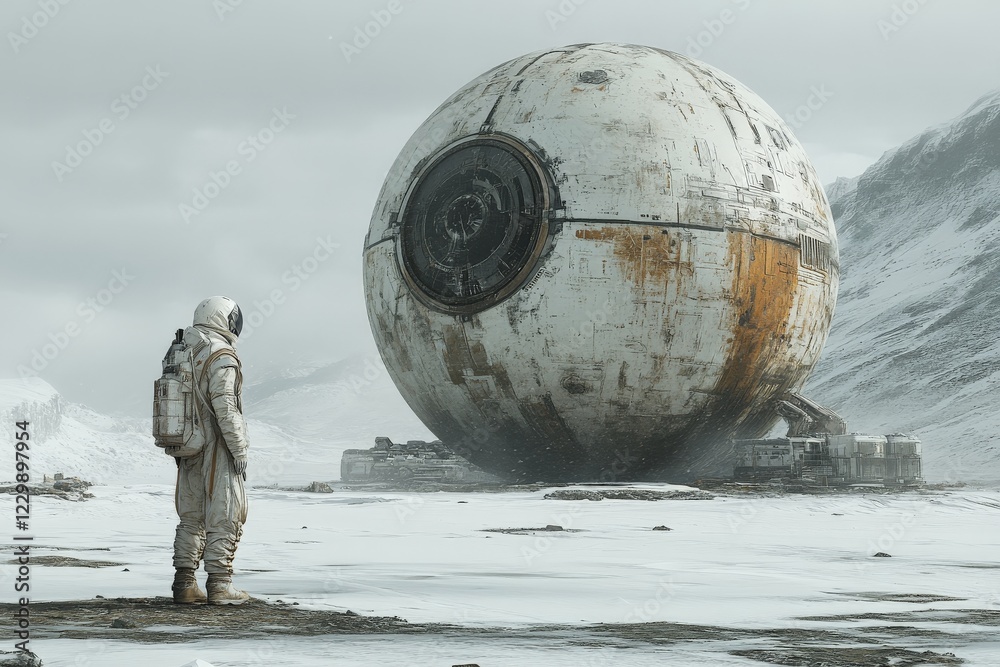 Aufkleber Astronaut exploring a mysterious spherical structure in a snow-covered landscape during an overcast day