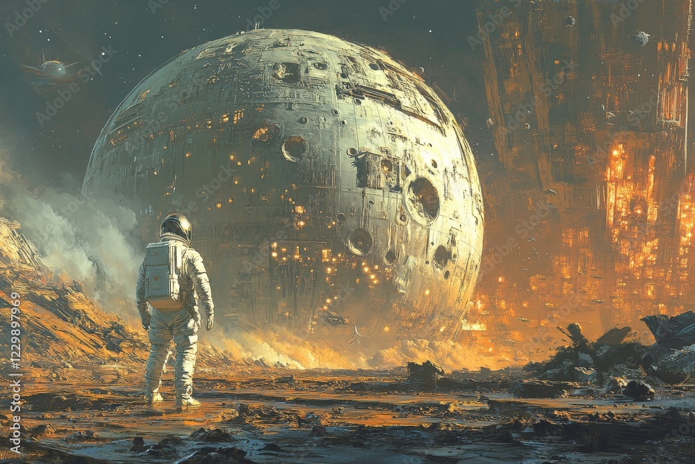 Poster astronaut explores a desolate landscape beneath an enormous celestial body at twilight