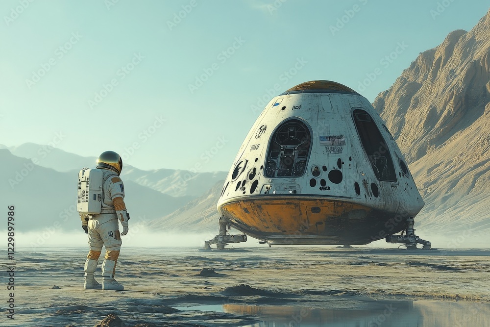 Poster astronaut explores alien terrain near a futuristic spacecraft in a desolate landscape at dawn
