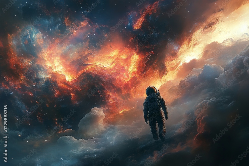Aufkleber astronaut exploring a vibrant nebula in space during a distant cosmic journey