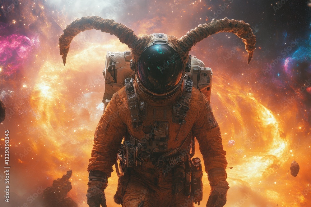 Poster astronaut in vibrant cosmic landscape exploring the depths of space amidst colorful celestial phenom