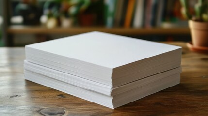 Two stacks of blank white paper on a wooden table.