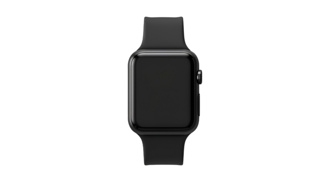 Wrist smartwatch mockup with a black strap, isolated cutout object with shadow on a transparent PNG background.