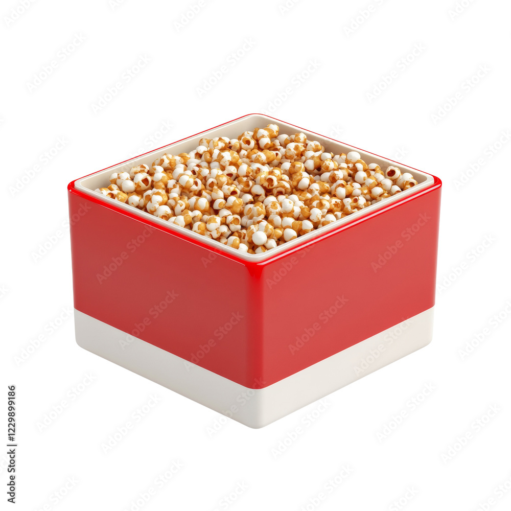Poster a red and white square bowl is filled with a generous serving of delicious caramel popcorn.
