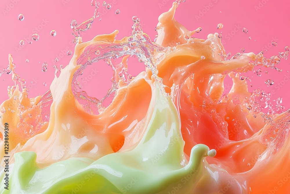Aufkleber colorful liquid splash creates dynamic wave patterns against a pink background during a creative pho