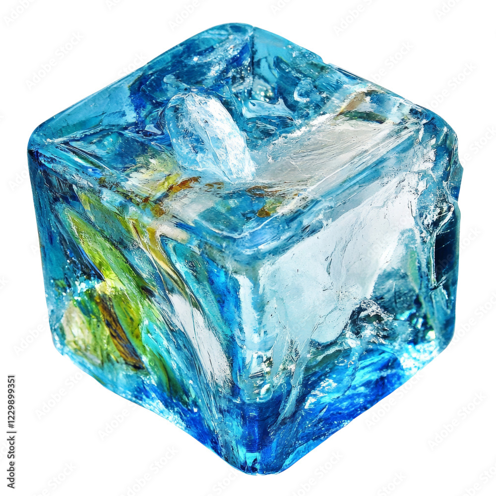 Poster A close-up image of a single, translucent blue ice cube shows internal structures and textures.