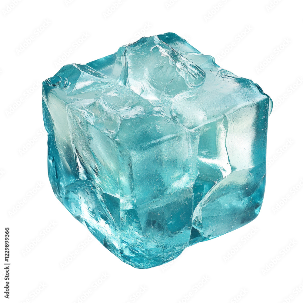 Poster the image shows a single large irregularly shaped light blue ice cube isolated on a black background