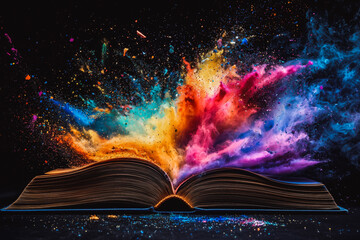 A burst of color explodes from an open book.