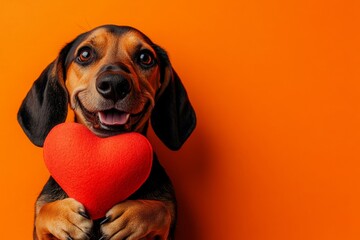 Promotion creative. Bloodhound - my beloved dog. Cute bloodhound hound with domestic animal toy red heart - symbol of love, funny greeting card. Valentine's puppy. Red heart dog accessories.