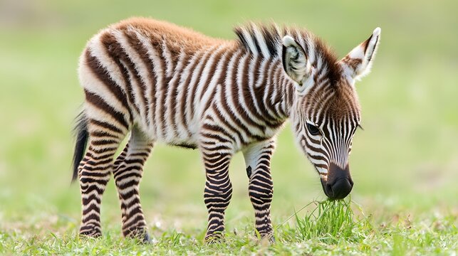 A baby zebra nibbling on grass, against a simple white background