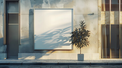 Blank white poster on concrete wall in city. Mock up, 