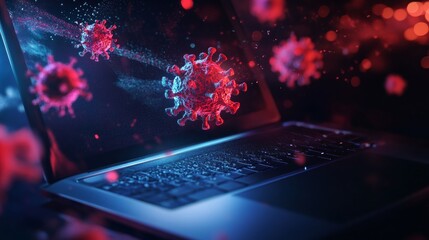 Digital artwork of virus particles above a laptop illustrating technology s effect on health.
