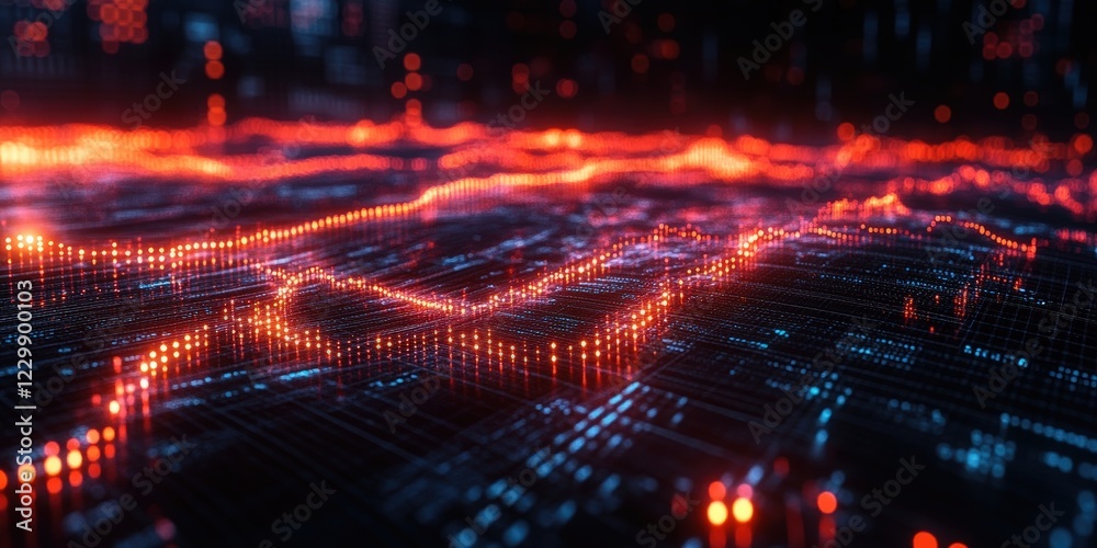 Poster digital graph design featuring red and blue background with data visualization elements and trends