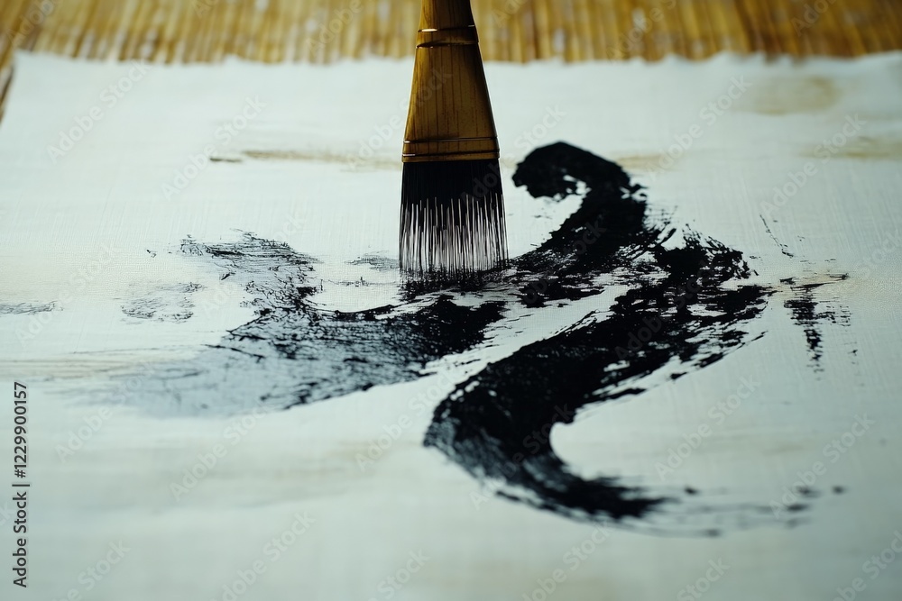 Poster Brush creating expressive strokes on traditional paper in a serene indoor setting during a calm afternoon