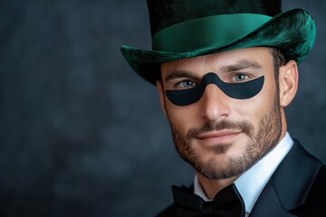 A stylish man wearing a green hat and black mask, embodying an air of mystery and charm that captures the essence of masquerade elegance.