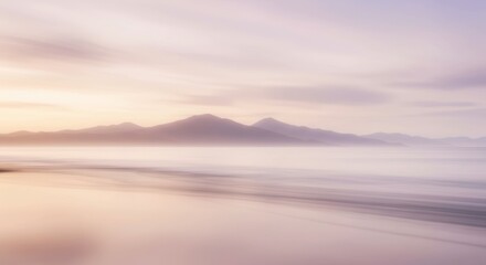 Fototapeta premium Serene Seascape: A mystical and dreamy seascape at dawn, as wispy clouds drift across the horizon and a soft mist hovers over the water, creating an ethereal atmosphere.