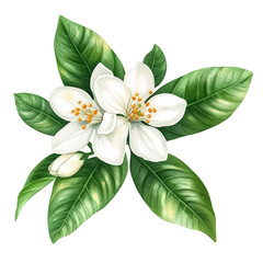 A watercolor painting depicts a cluster of delicate white citrus blossoms surrounded by lush green leaves.