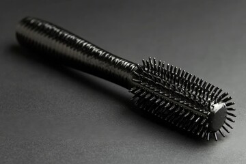 Black hairbrush placed on a flat surface with a smooth texture and subtle lighting