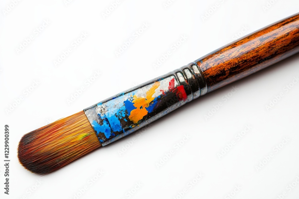 Poster close-up view of a paintbrush with vibrant colors on its bristles resting on a white surface