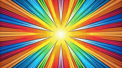 Radial comic book style strip illustration with bold colors and dynamic lines on a abstract radial backdrop