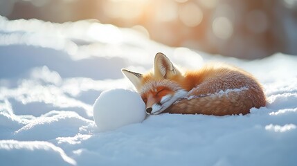 A red fox curled up in a ball, sleeping peacefully on white snow