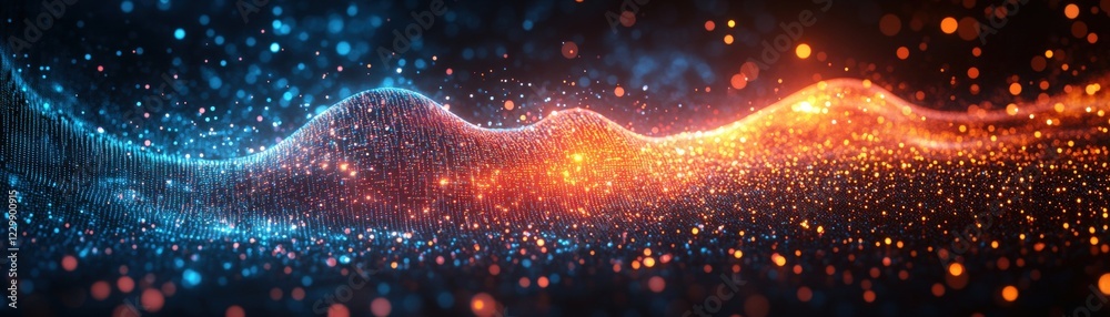 Poster digital abstract background with glowing particles and dots in a vibrant color scheme