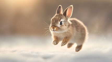 Obraz premium A baby rabbit hopping across a soft white surface