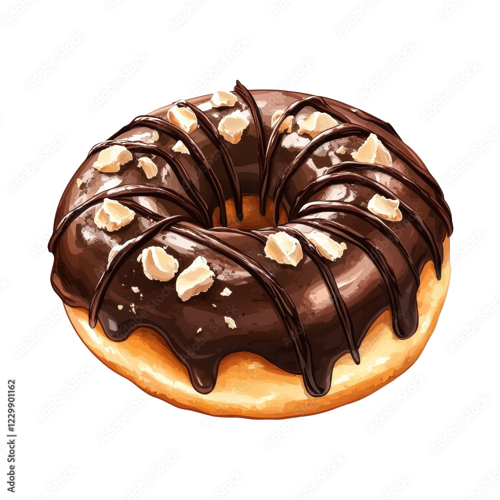 Poster a close-up view of a single chocolate-glazed donut topped with nuts, showcasing its rich and decaden