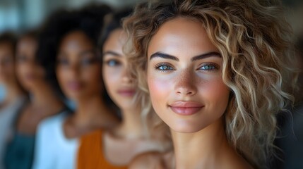 Obraz premium Group of confident women from different backgrounds standing together, empowerment concept, 8K high resolution with copy space