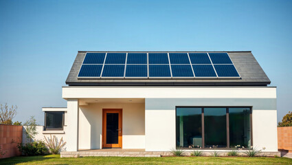 Fototapeta premium Solar Home. Modern house with solar panels on the roof, showcasing sustainable energy and eco-friendly living.