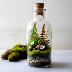 A terrarium inside a glass bottle with moss, ferns, and tiny flowers