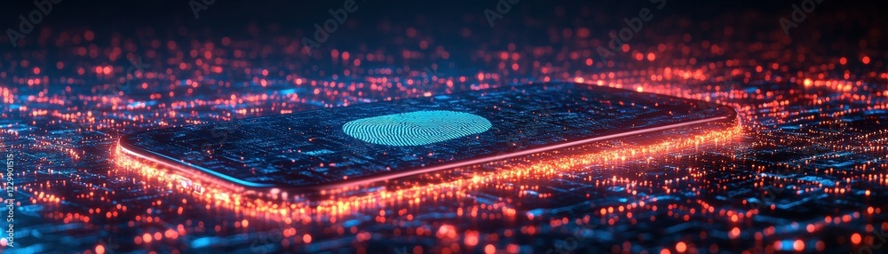 Poster computer chip with a fingerprint pattern on its surface showcasing security technology and identific
