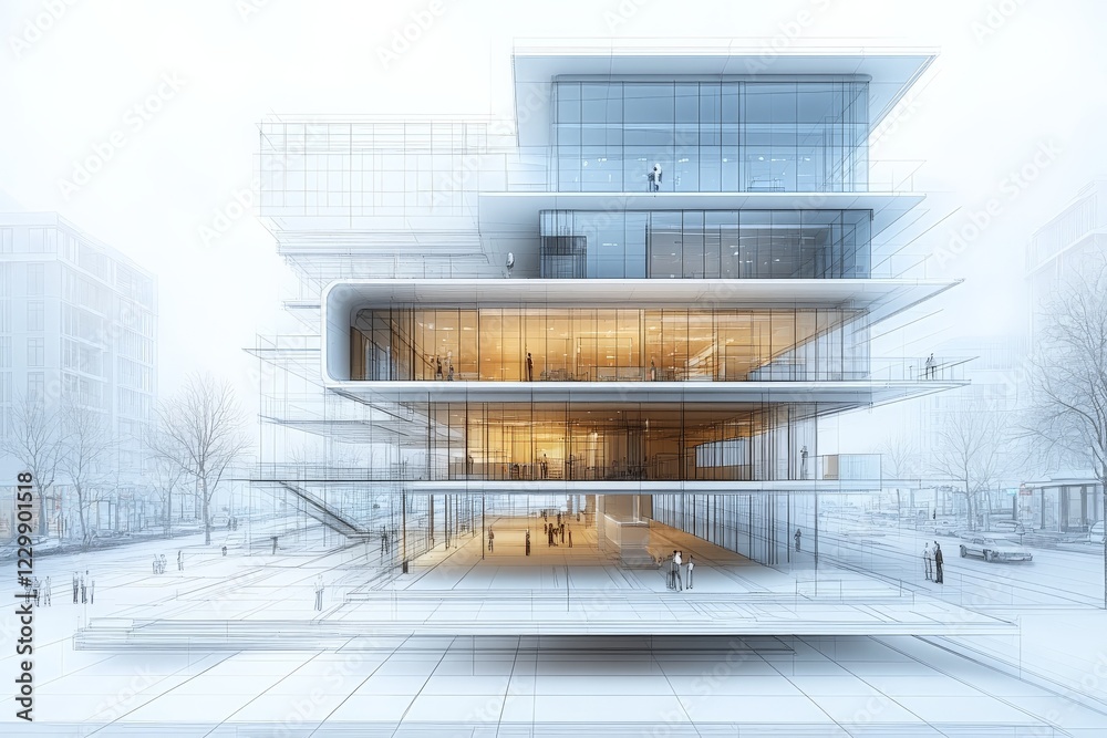 Fototapete modern architectural design showcasing a transparent multi-level building in an urban setting during