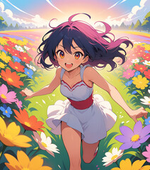 A cheerful anime character running through a vibrant flower field