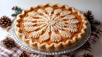 Close-up of a golden sweet potato pie with intricate crust details, placed on a plaid cloth with festive decorations like acorns and pinecones