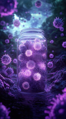 glass jar filled with vibrant probiotics surrounded by glowing particles creates captivating scene