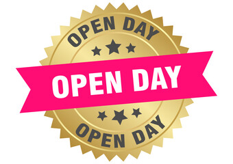 open day. open day round pink and gold label isolated on transparent background