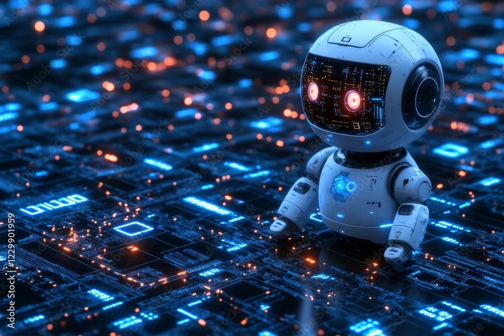Poster small robot explores a futuristic digital landscape filled with glowing circuits and lights at night