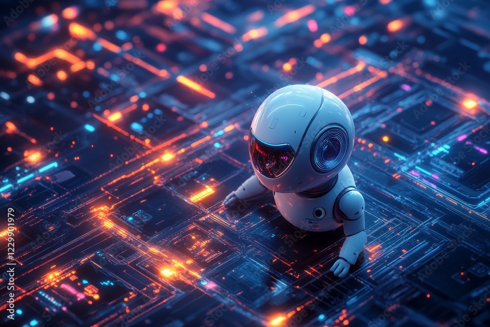Fototapete robot exploring a futuristic circuit board landscape during a nighttime setting