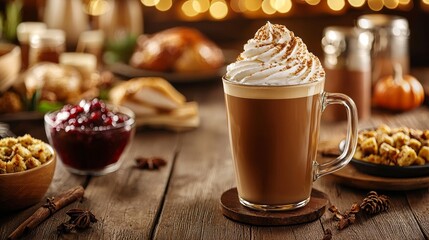 Close-up of a pumpkin spice latte topped with whipped cream, surrounded by a feast of turkey, stuffing, and cranberry sauce on a rustic table