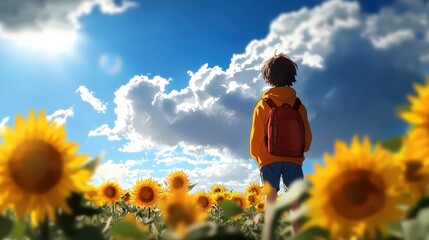 Fototapeta premium A person stands among sunflowers, gazing at a beautiful sky filled with clouds, creating a serene and hopeful atmosphere.