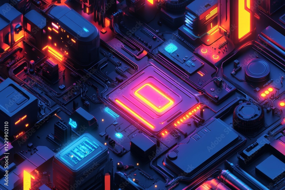Poster Intricate circuit board design showcasing vibrant neon lights and complex patterns in a futuristic technology setting