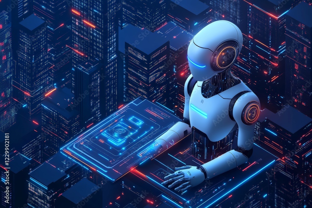 Poster advanced robot working on digital interface in futuristic city at night