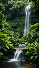 A serene waterfall surrounded by lush green foliage